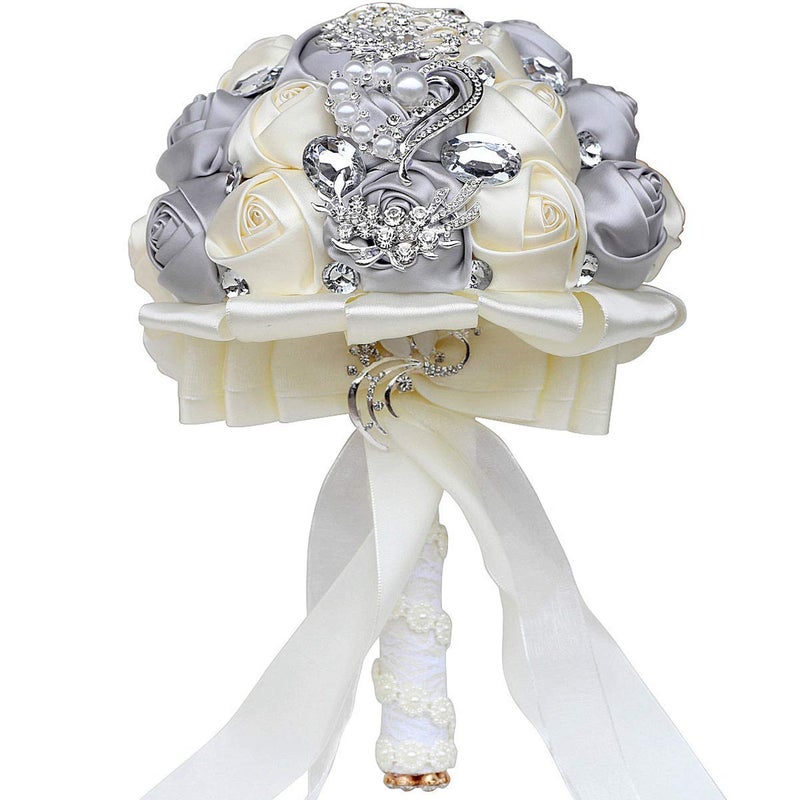 Flonding Wedding Bouquets Crystal Satin Rose Bride Bridal Bouquet Romantic Bridesmaid Holding Flower for Valentine's Day Confession Party Church Decor (Silver Creamy) - Image 2